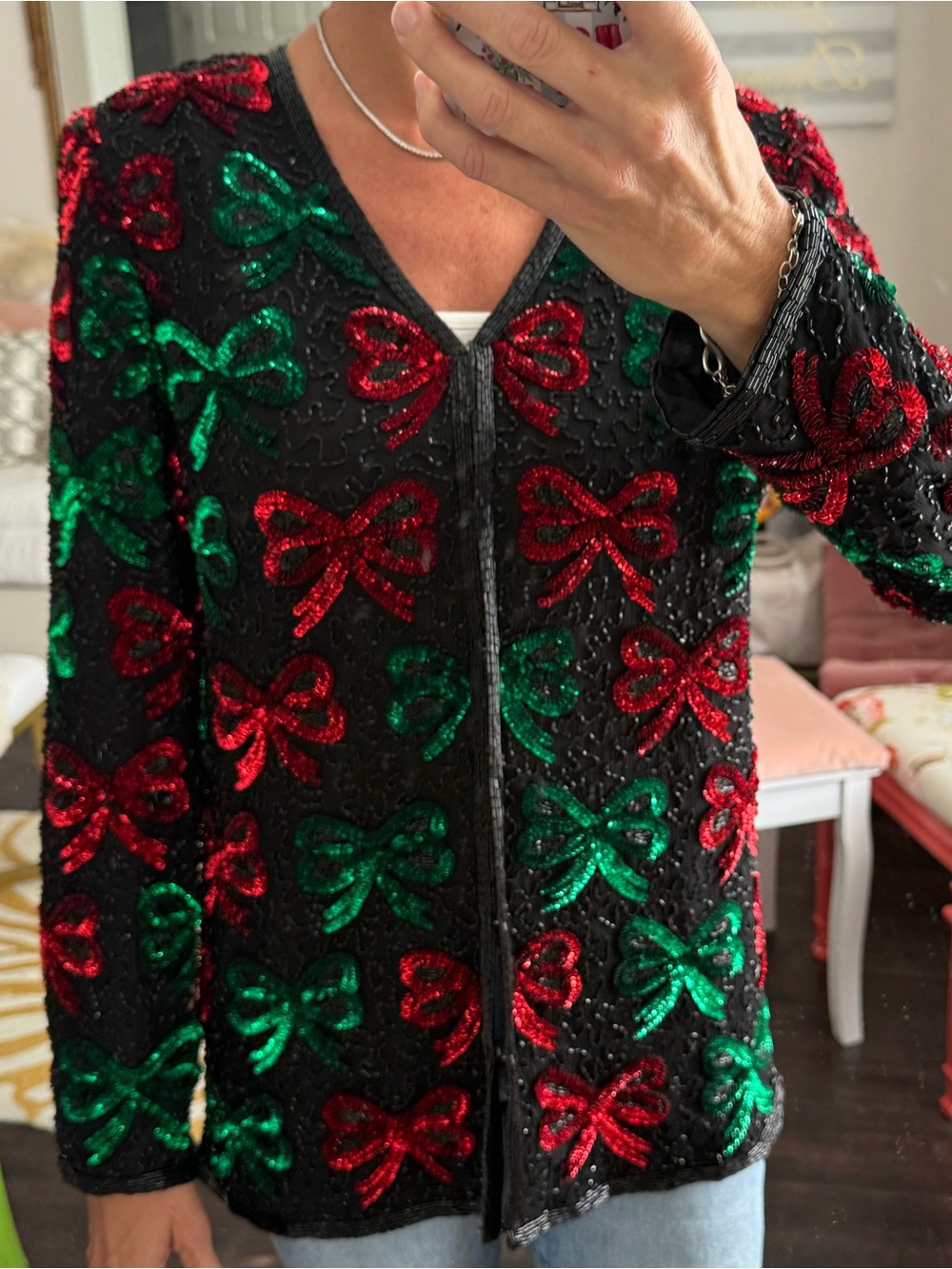 NWT Laurence Kazar Silk Beaded Sequin Bow Holiday Jacket Top M - Picture 3 of 12